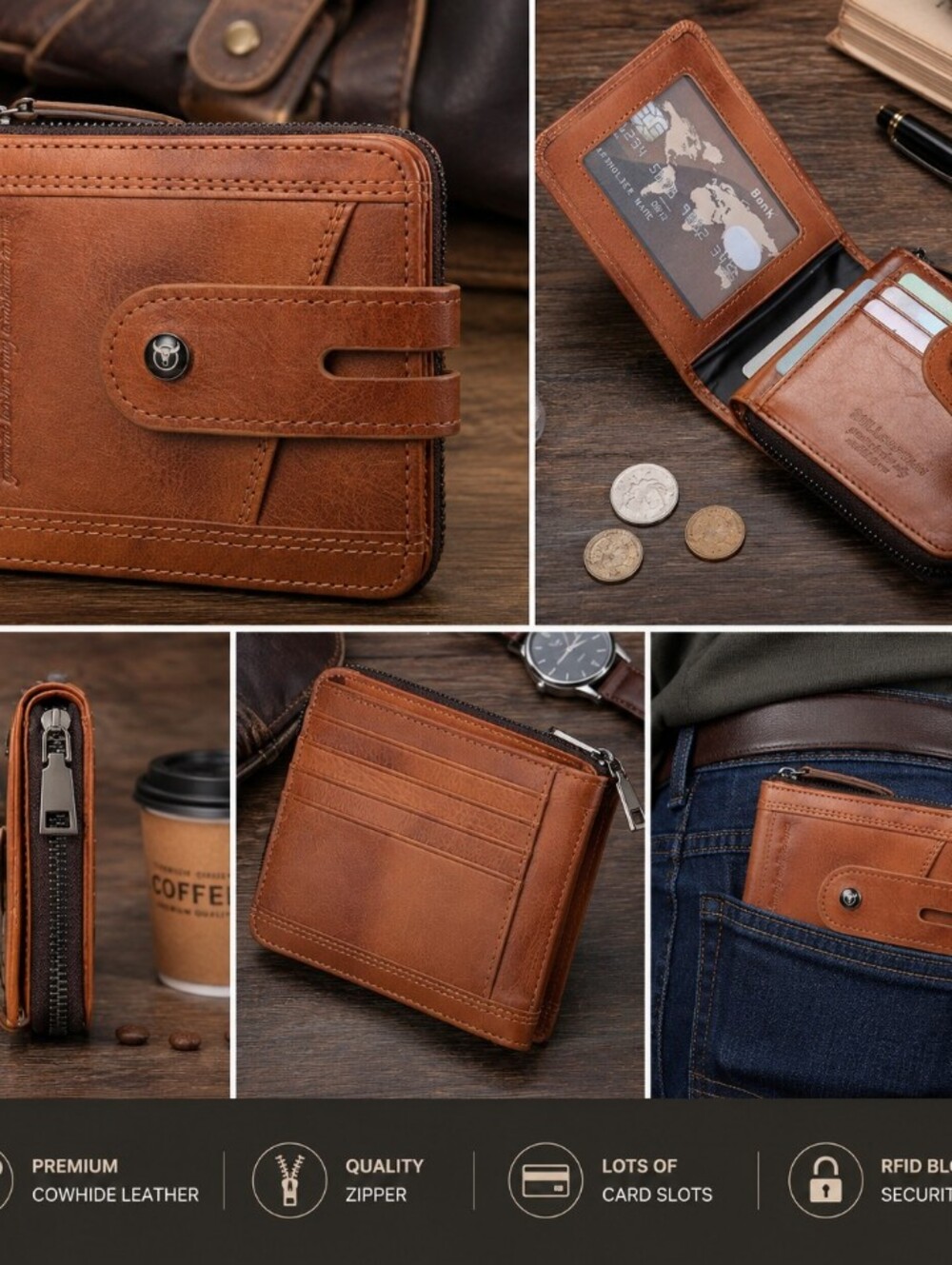 NWOT- Men's Brown Leather Zip Wallet with Snap Closure